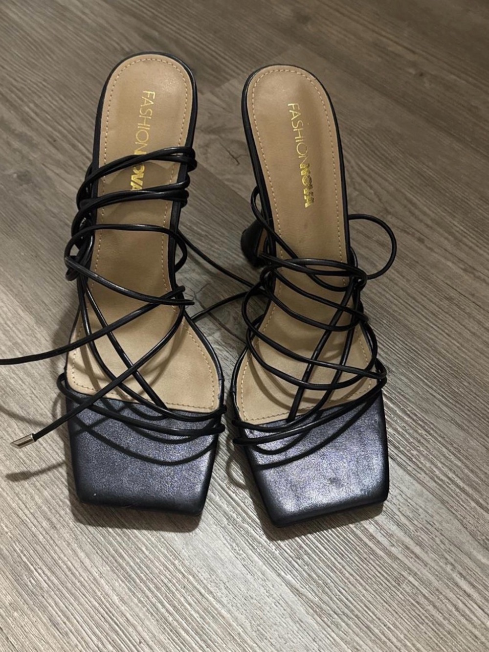 Fashion Nova Black Strappy Square-Toe Lace-Up Heels